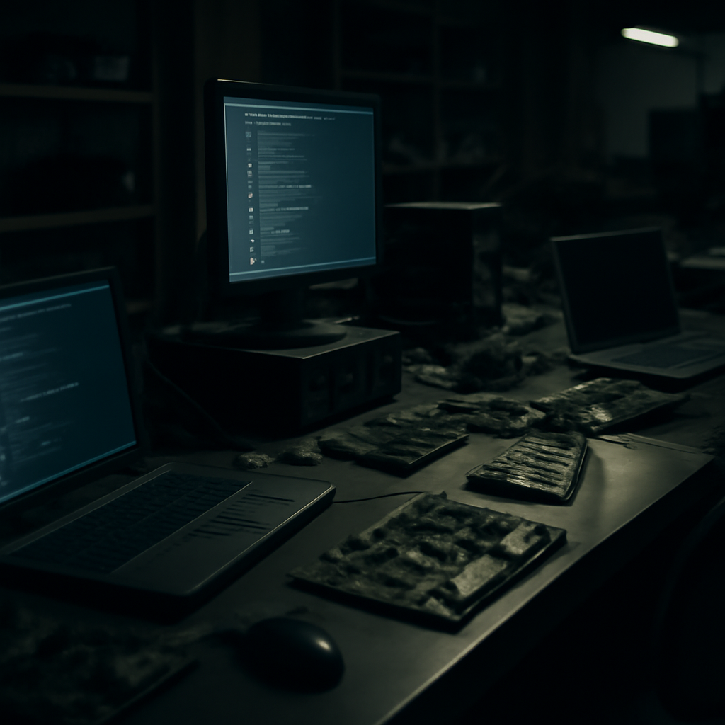 Dimly lit computer laboratory with scattered technology equipment.