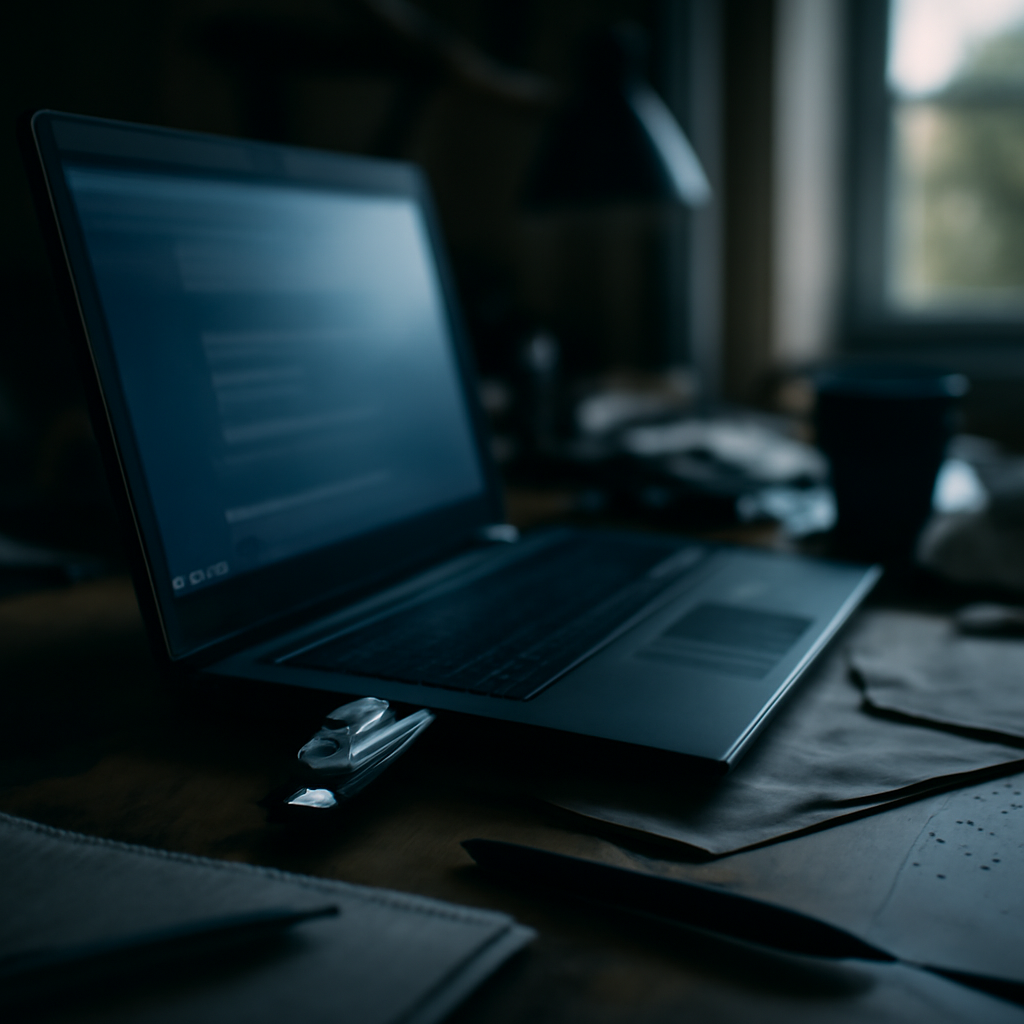USB drive plugged into a laptop on a cluttered desk in a dimly lit home office with blurred screen.