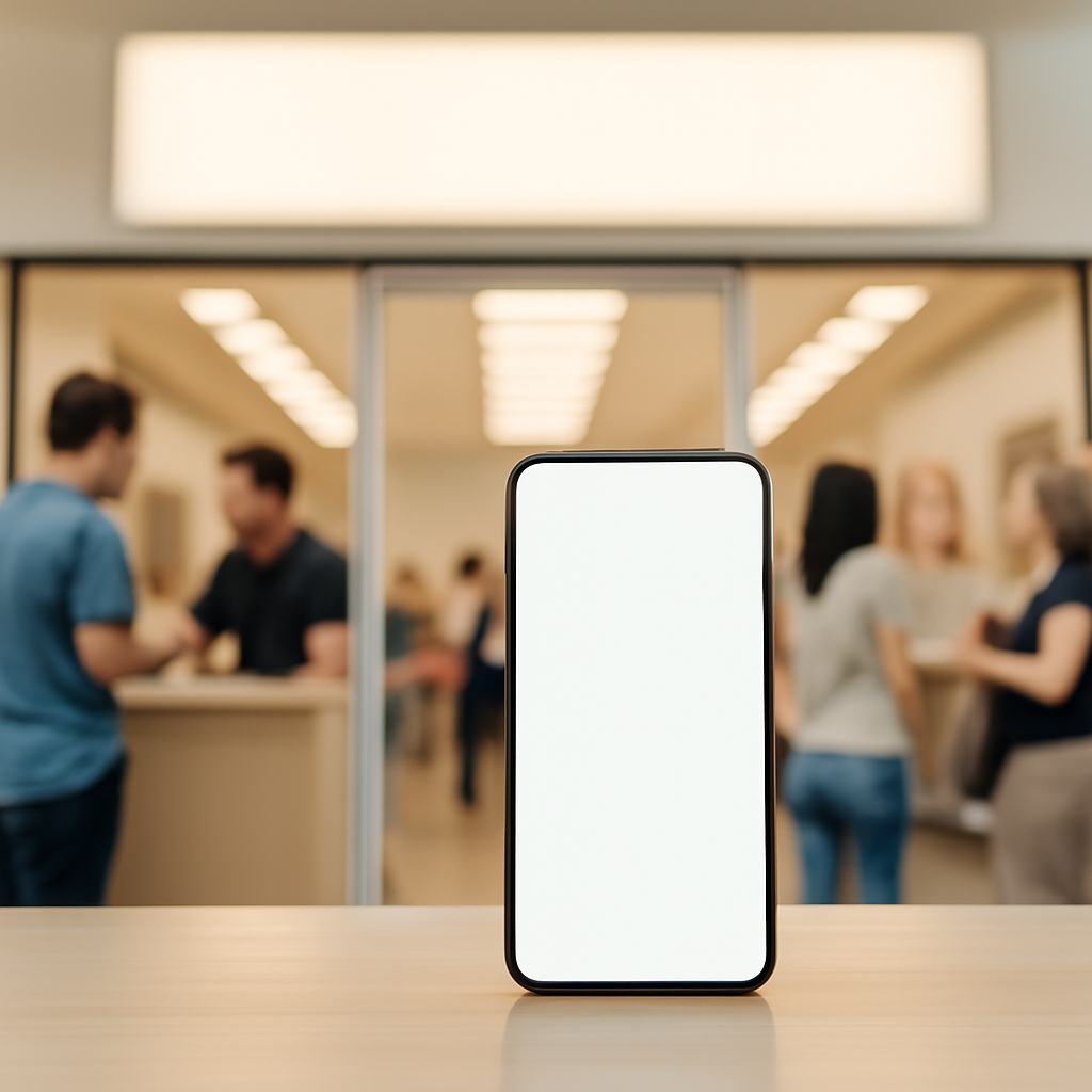 Smartphone sits on retail store counter amidst blurred customer activity.