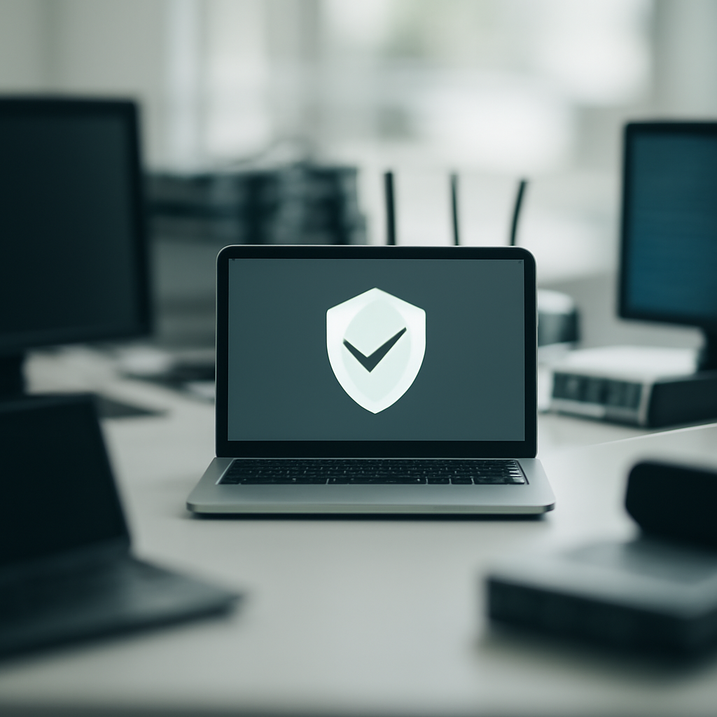 Secure testing environment with central workstation and blurred screens.