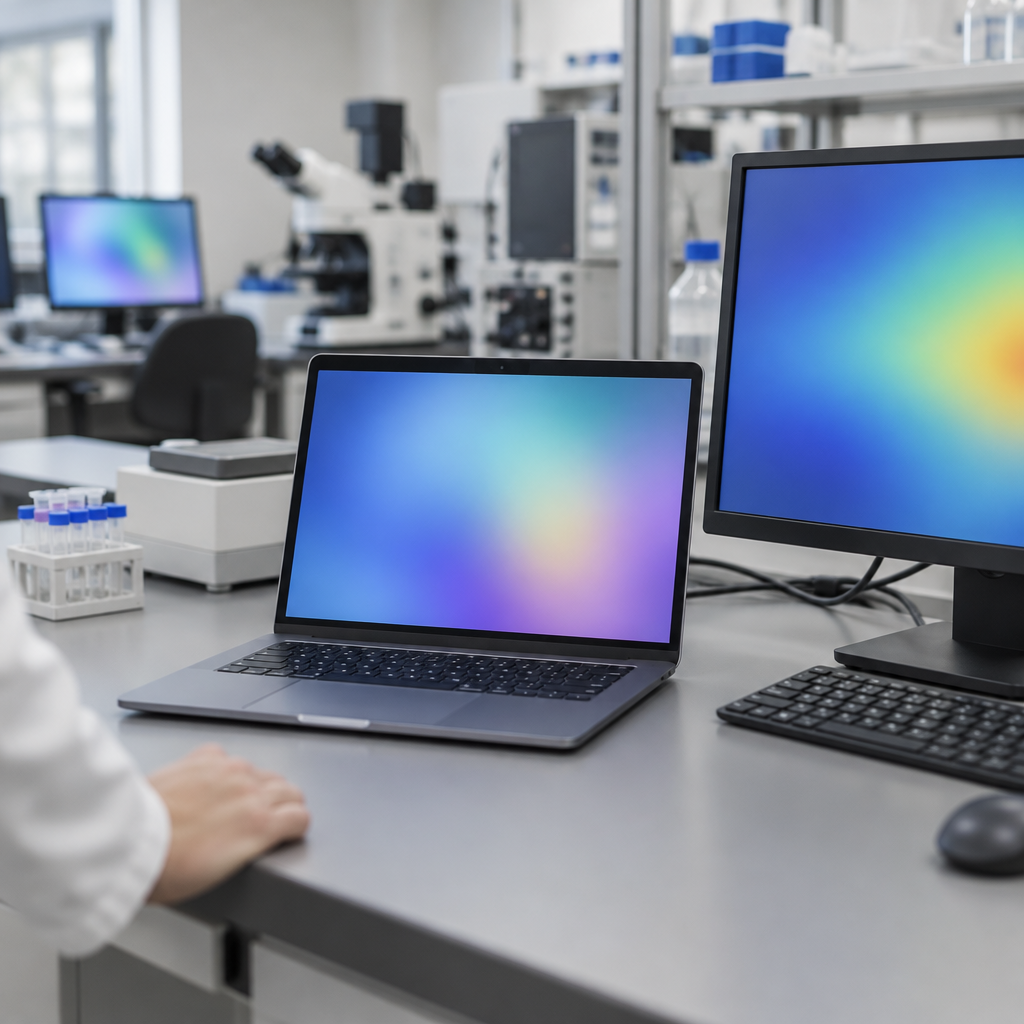 Lab equipment surrounds computer workstations with distorted patterns on screens.
