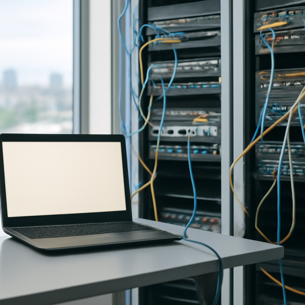 Network operations center with rows of servers and loose cables, laptop in foreground.