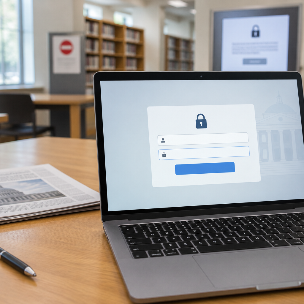 Laptop screen displays login page on a table in a neutral background setting.