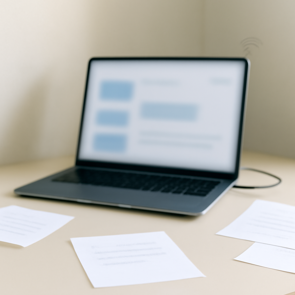 Blurred laptop screen on a workstation with scattered papers and a neutral background.