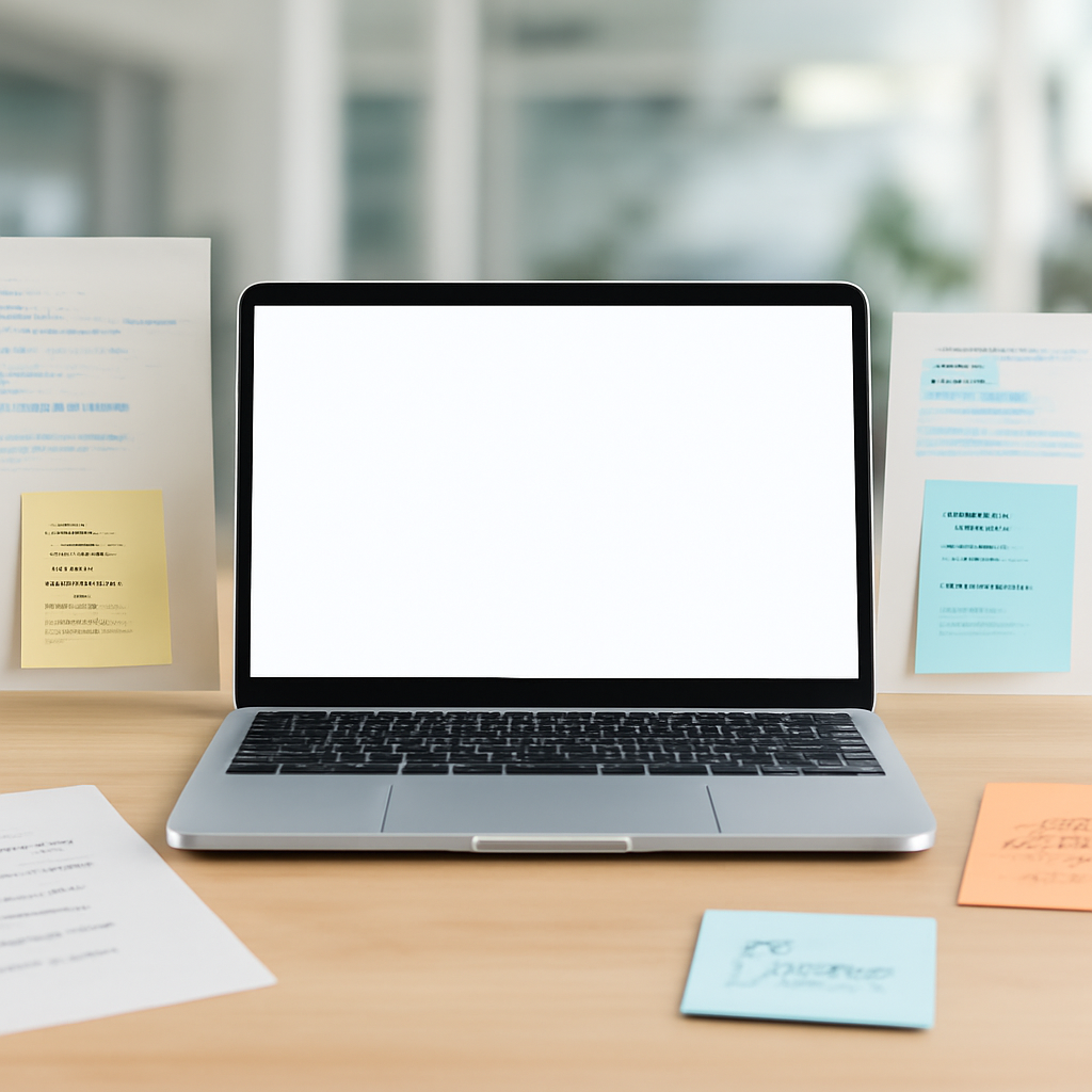 Development workspace with laptop, notes, and coding materials on a desk.