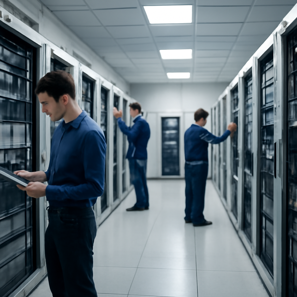 Technicians work on computer servers and networking equipment in a brightly-lit data center.