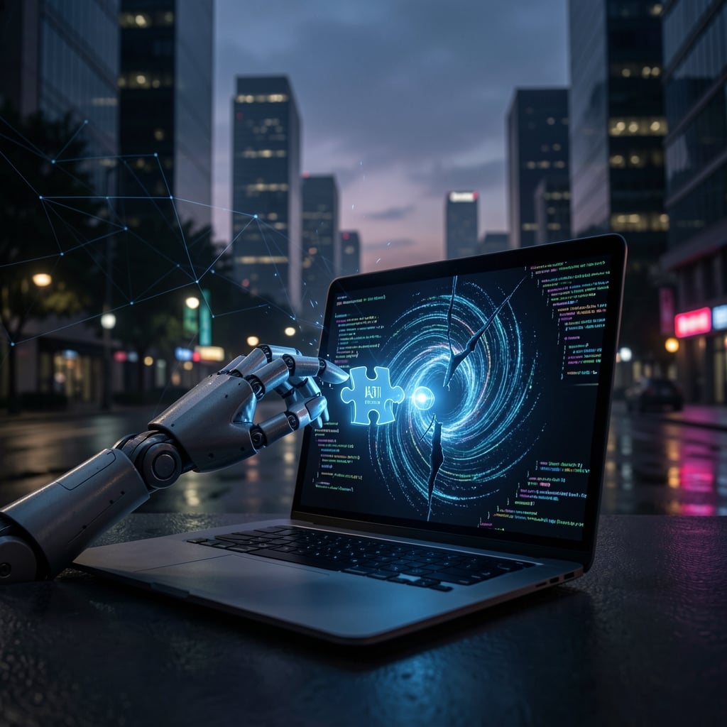 Robotic arm emerges from dark cyberspace, reaching towards laptop screen displaying swirling code.