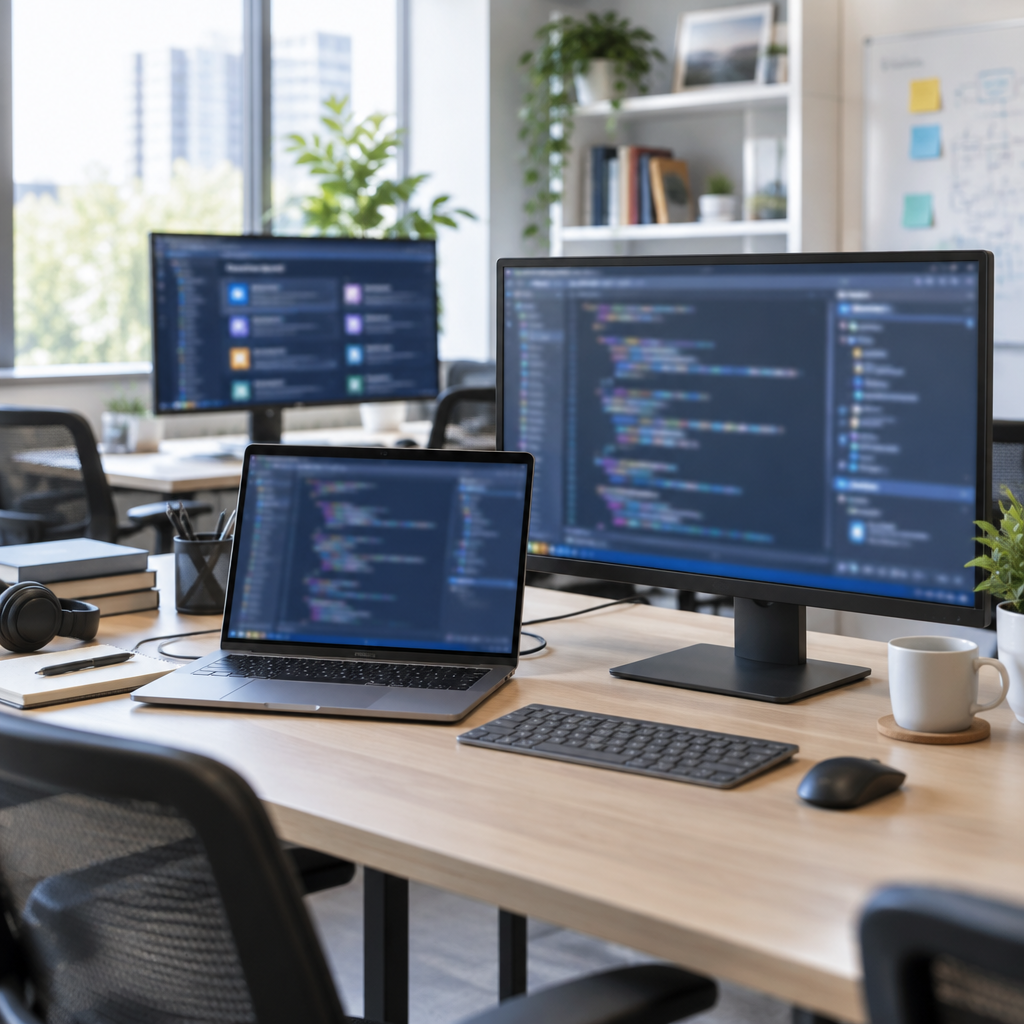 Developer workstation with laptop and monitor showing blurred coding interfaces in a quiet, empty space.