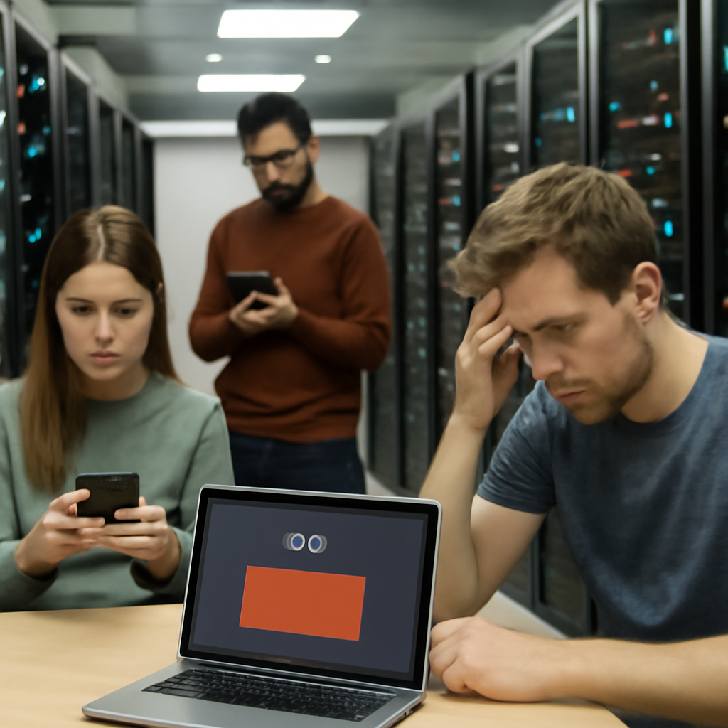 Concerned tech workers gather near server racks, checking phones and laptops.
