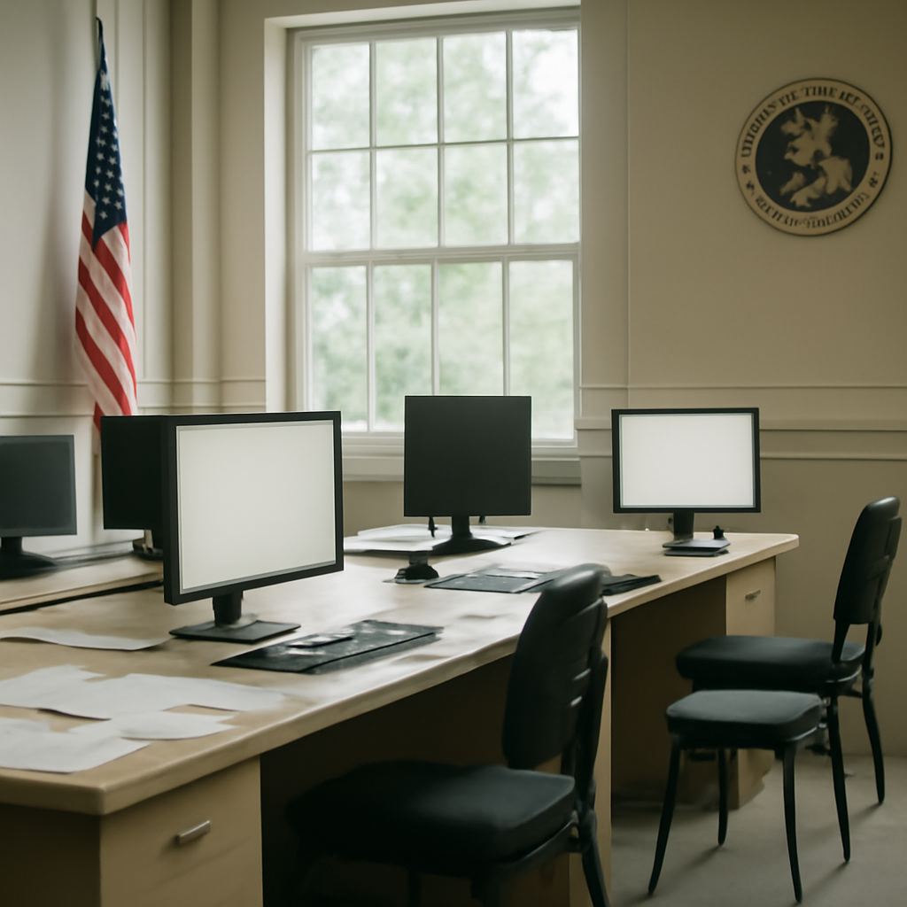 Government office interior with blurred computer screens and scattered papers.