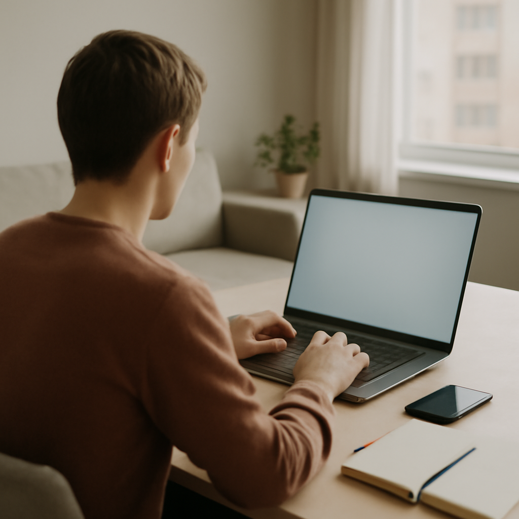 Person sitting at laptop in quiet home office with blurred screen.