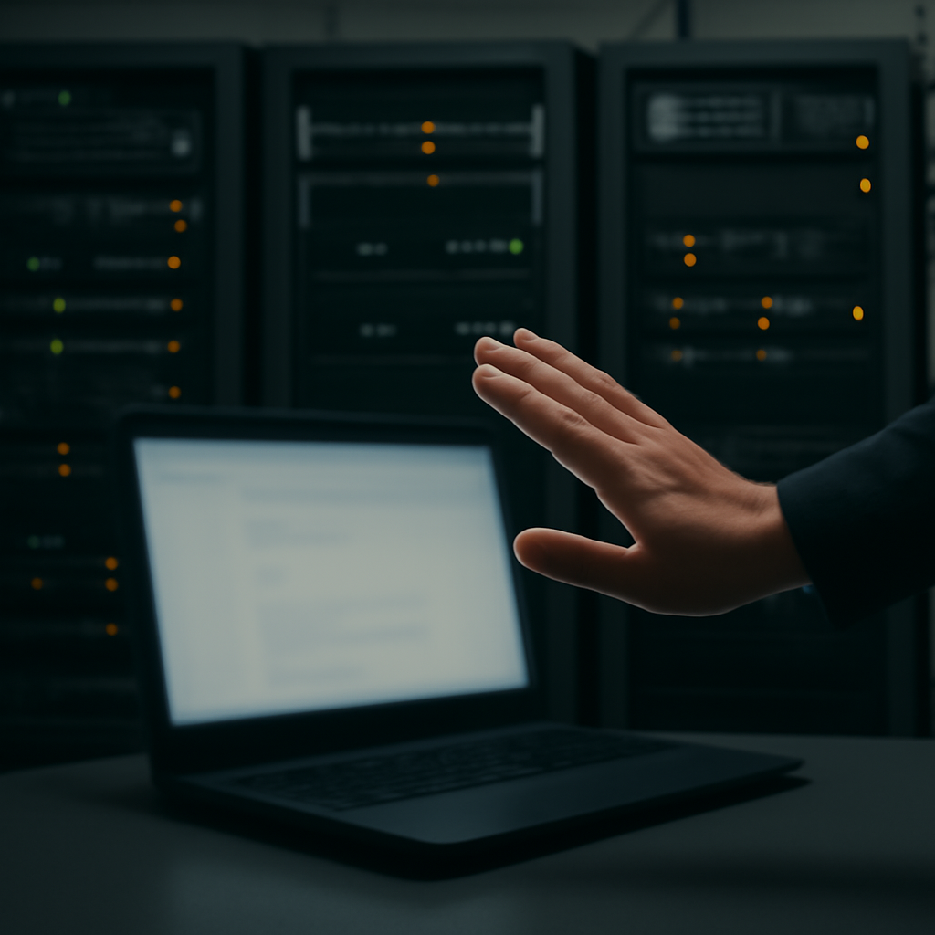 Secure server room with rows of equipment and a blurred laptop screen in foreground.