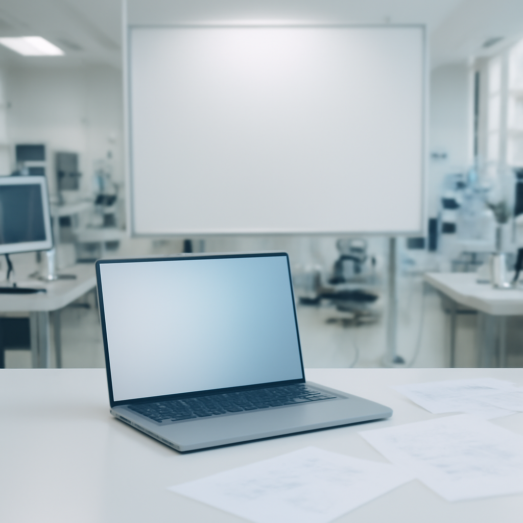 A research laboratory with computer screens and instruments, a large whiteboard, and a single laptop in the foreground.