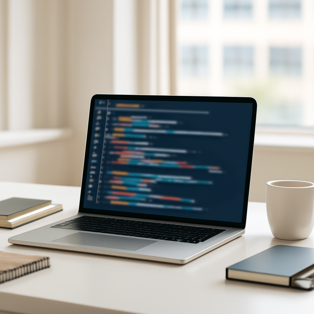 Software development workspace with laptop, notebooks, and mug near a bright window.