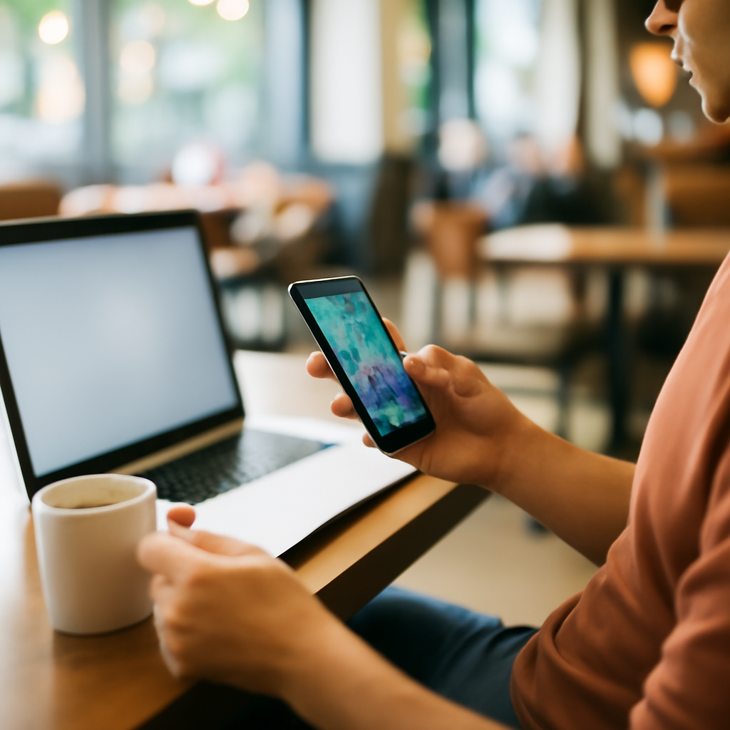 Person using smartphone in coffee shop with laptop nearby.