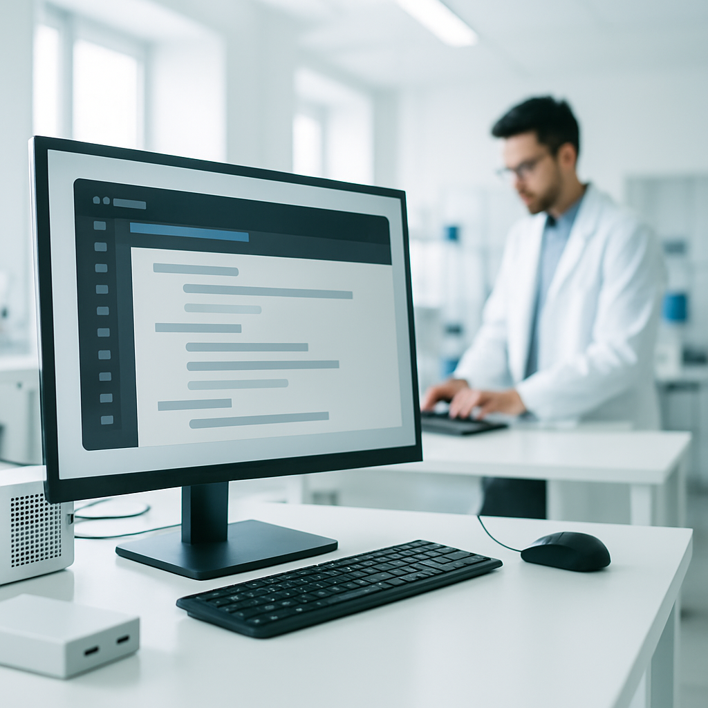 Researcher working on a project with a large monitor displaying an abstract representation in a clean lab setting.