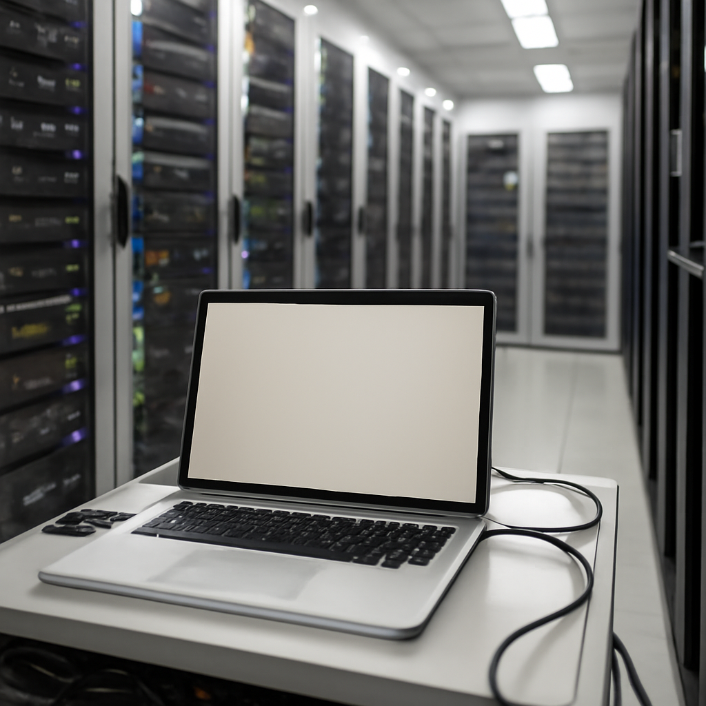 Server room with rows of equipment and a single workstation in the foreground.