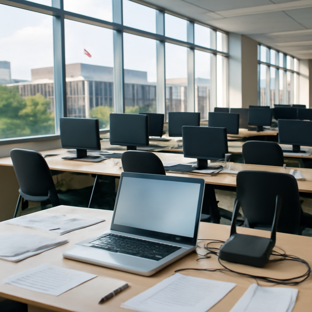 Modern office interior with computer workstations and city view through large windows.