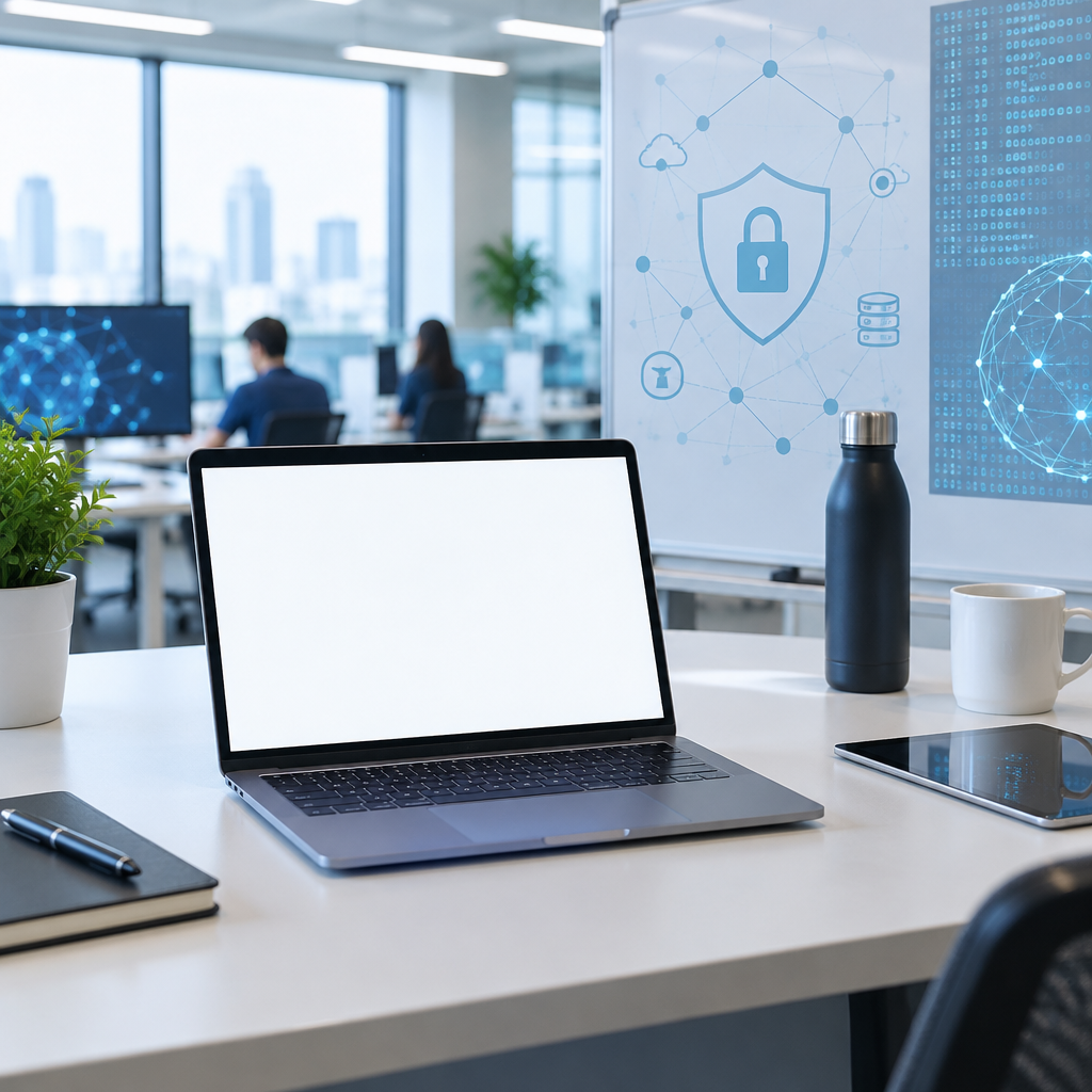 Modern office workspace with laptop and abstract cybersecurity elements.
