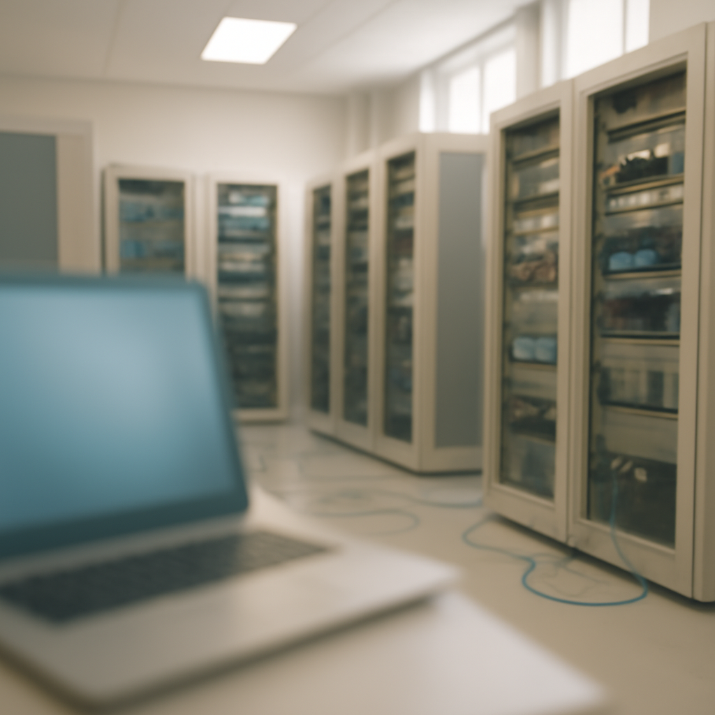 Rows of computer servers and networking equipment in a bright, neutral-colored server room.