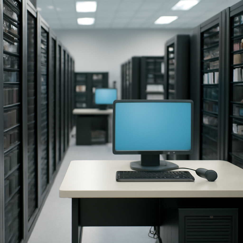 Rows of computer servers and storage systems in a brightly-lit data center with a single unoccupied workstation in focus.