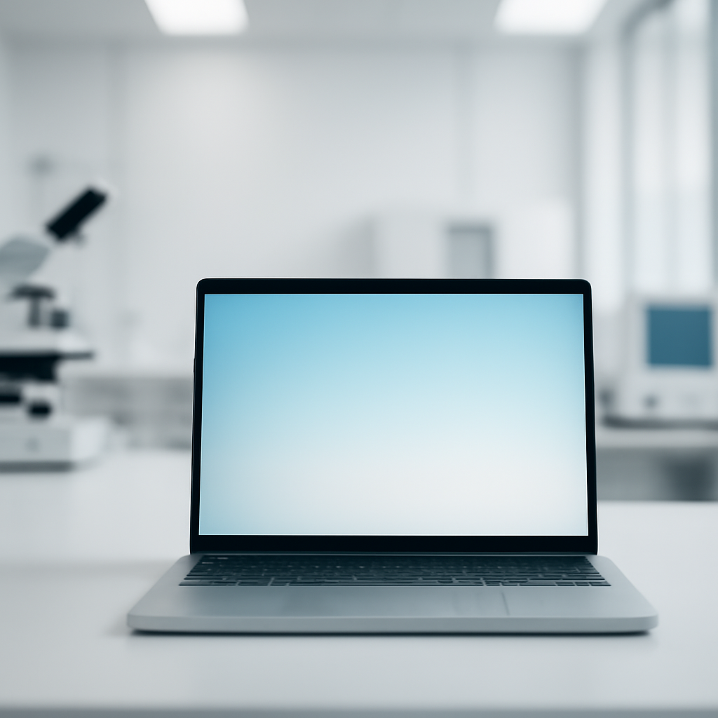 Brightly-lit computer workstation with empty laptop screen in foreground.