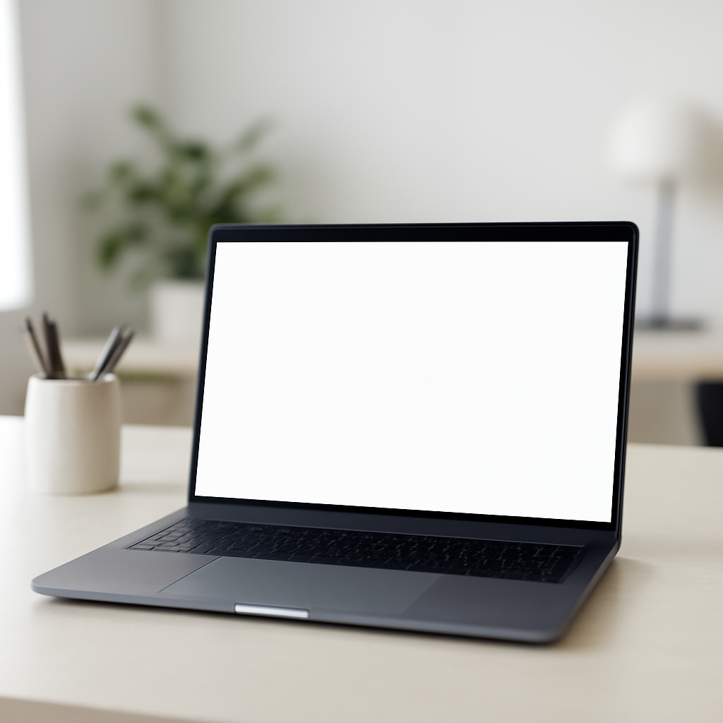 Modern workspace with laptop on a neutral surface, surrounded by blurred office equipment, conveying technology and…