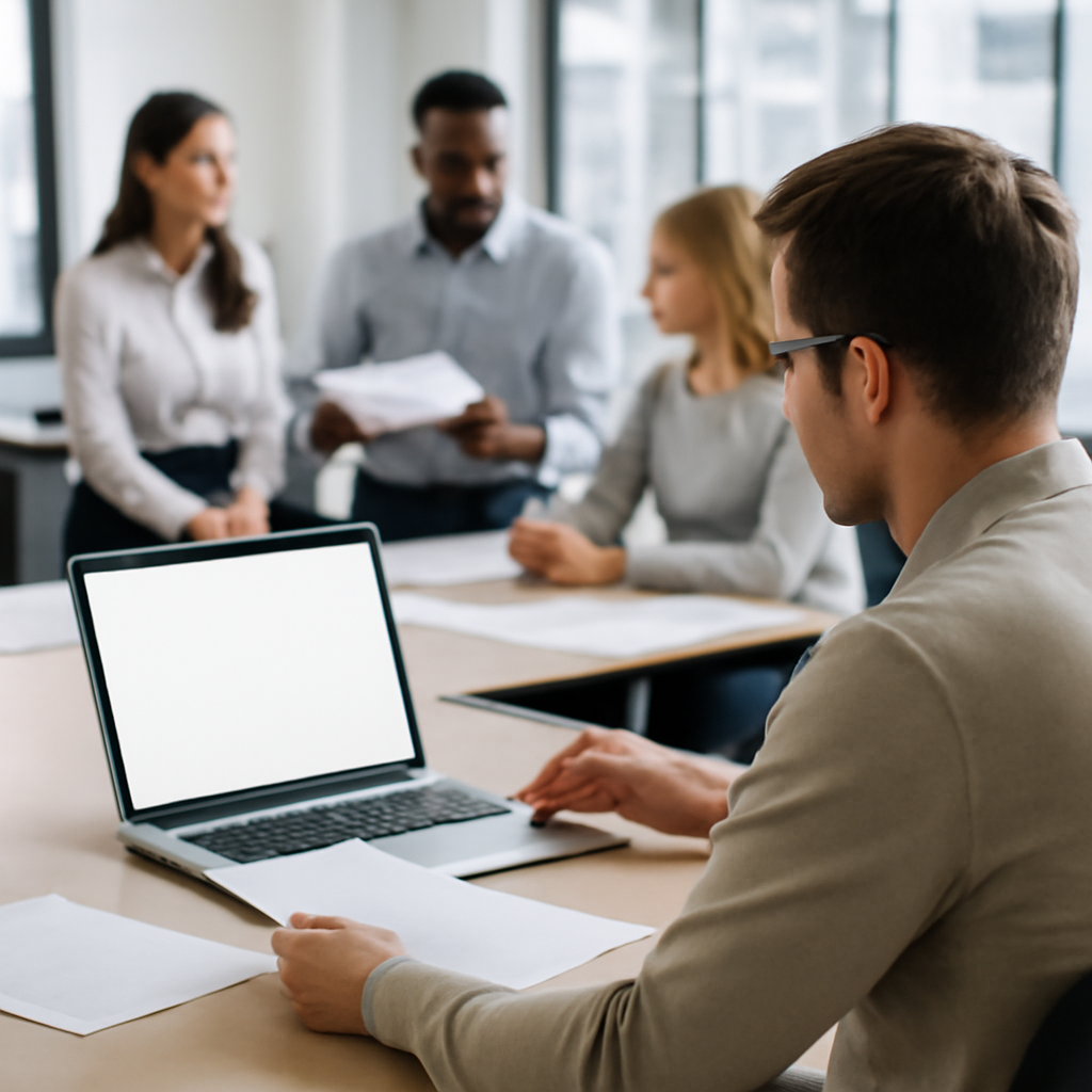 Researchers work together in a modern office setting with laptops and papers.