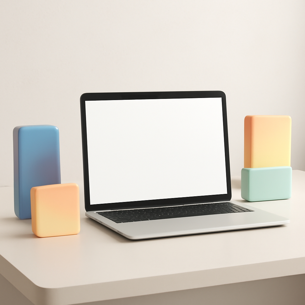 Modern workspace with laptop and abstract blocks suggesting AI tools.