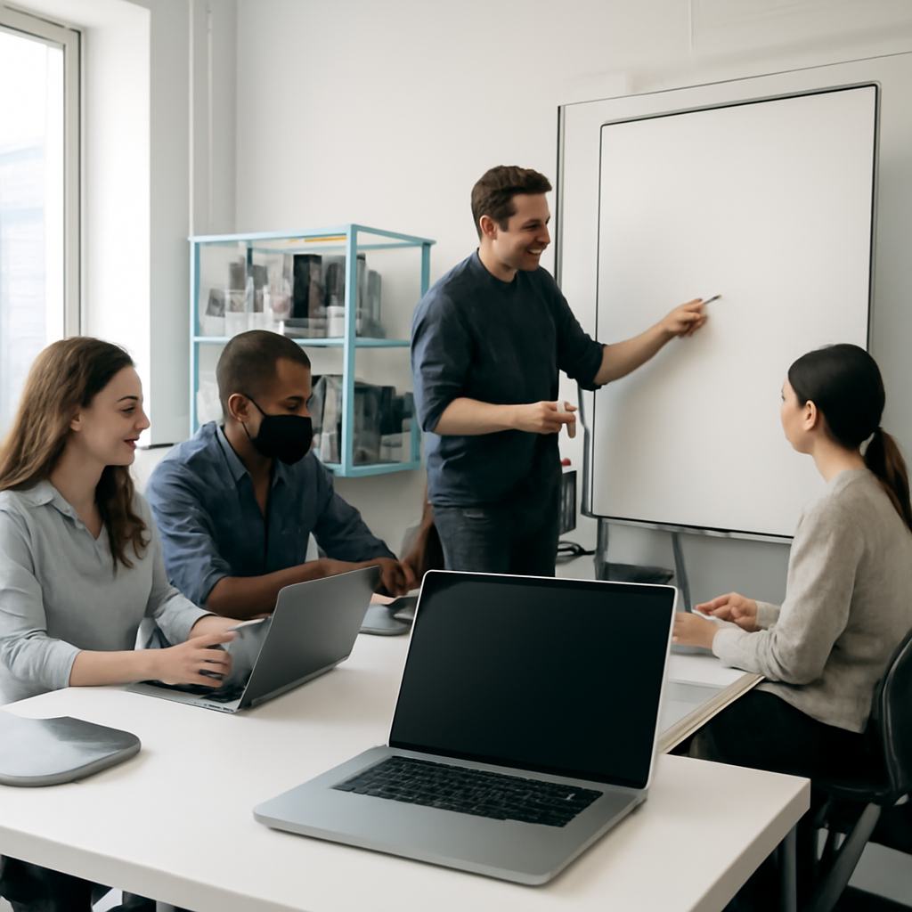 Collaborative workspace with professionals working on laptops and whiteboards surrounded by technical equipment in a…