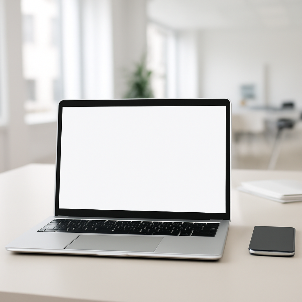 Laptop and mobile device on a clean desk in a modern office setting.