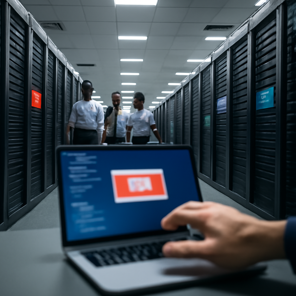 Technicians walk through a brightly-lit server room with error messages on screens and a person's hand reaching toward a…