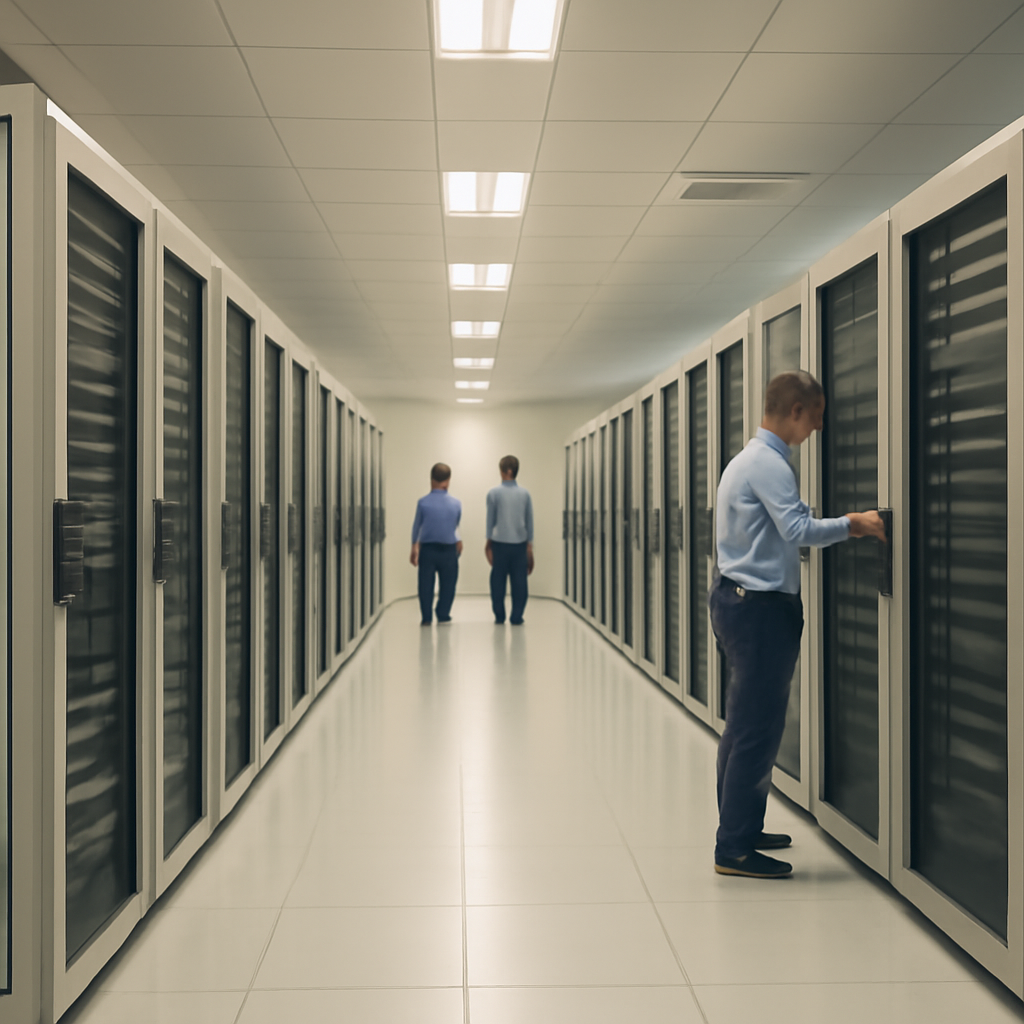 Large server room with technicians, rows of computer servers, and networking equipment.