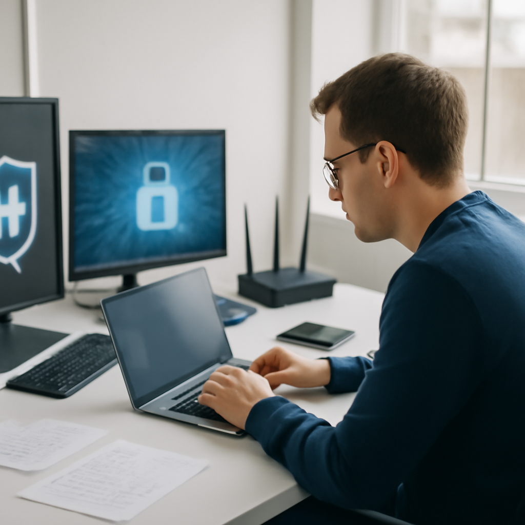 Security professional working on laptop in modern office setting.