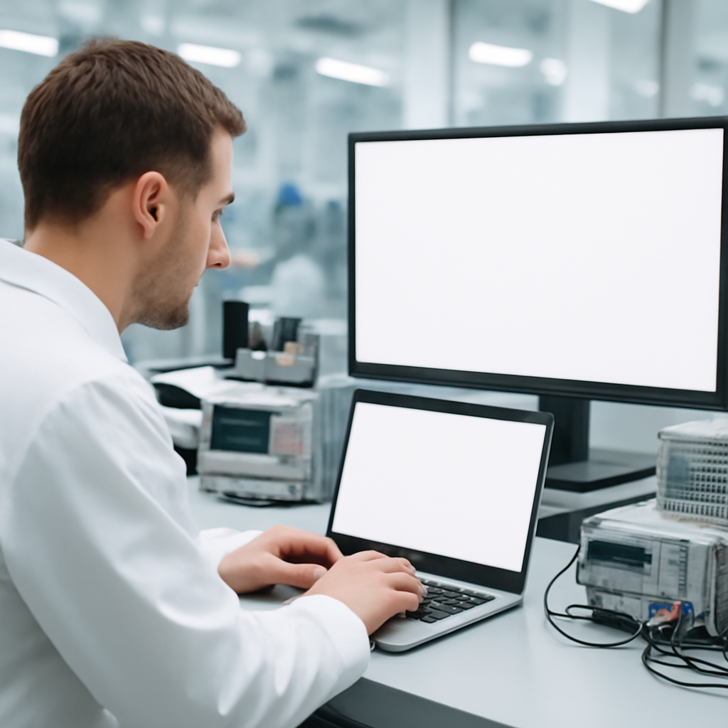 Researcher working with laptop and monitor in a clean, bright lab setting.