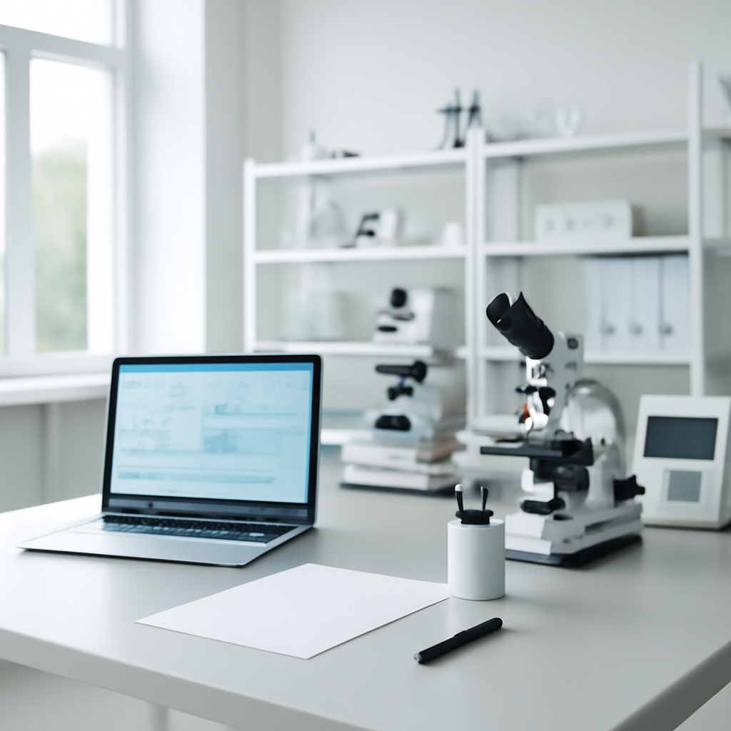 Laboratory workbench with laptop and technical instruments in a bright, clean setting.