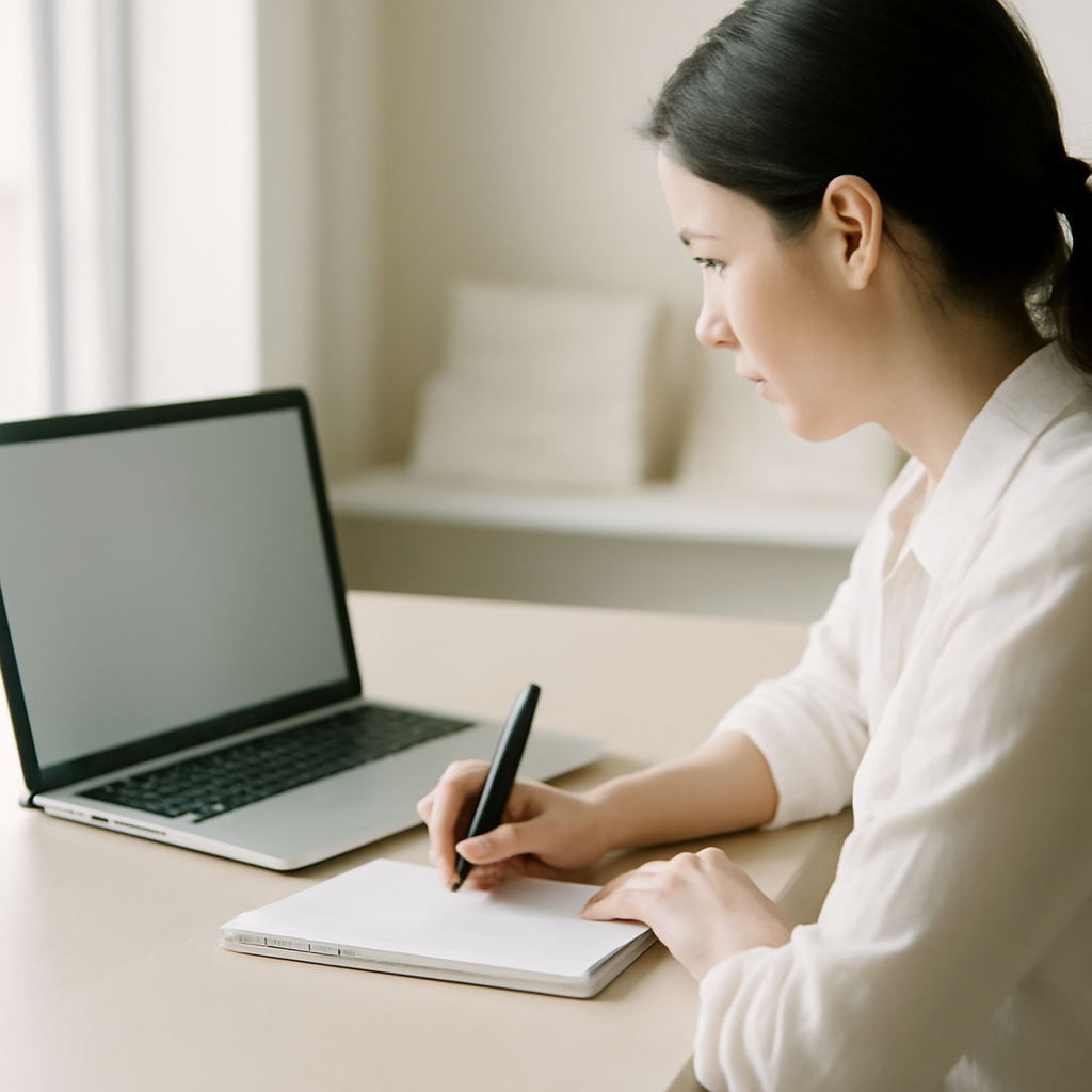 Researcher working at a minimalist desk with laptop and notepad near a window.