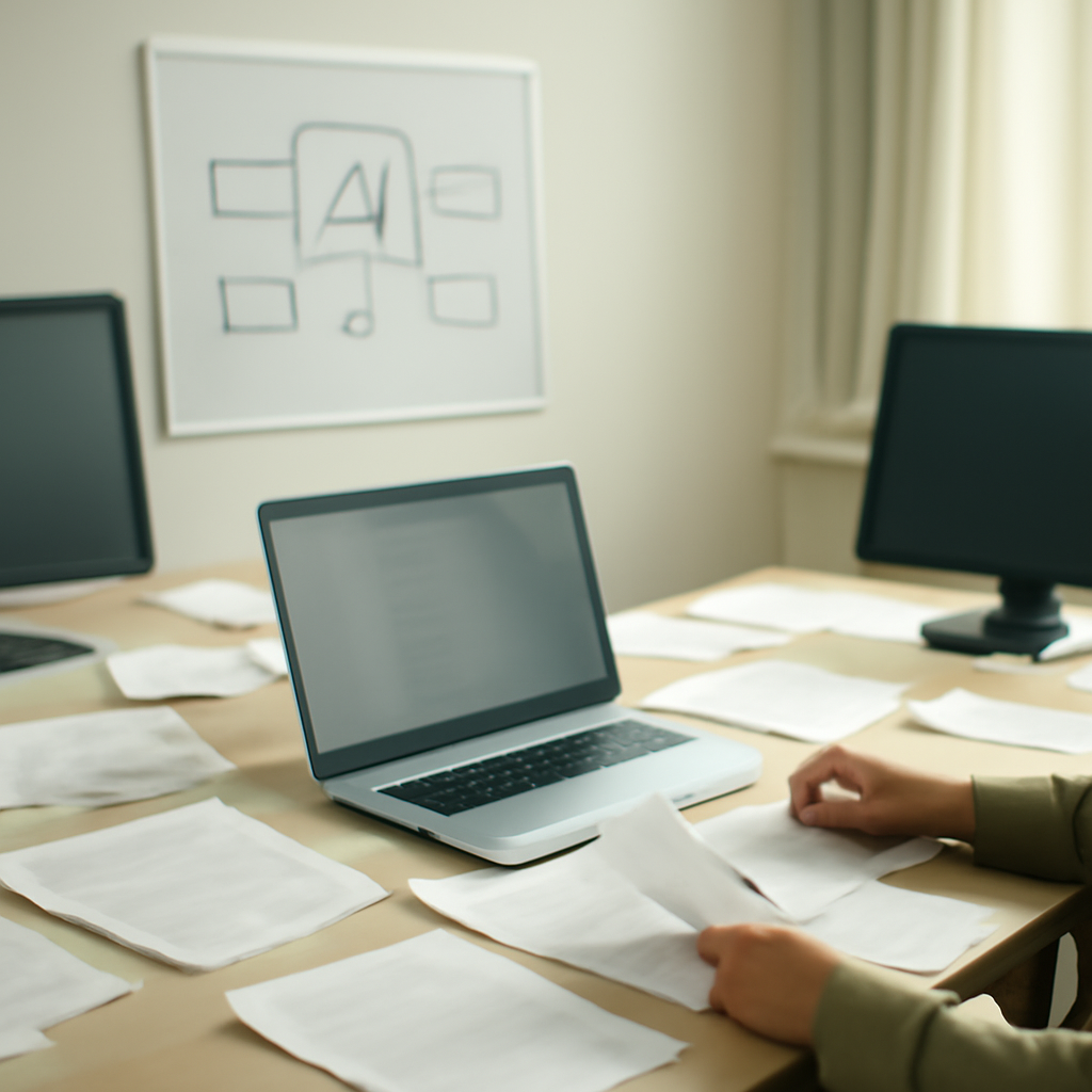 Person sits at desk with laptop and papers amidst empty screens and documents.