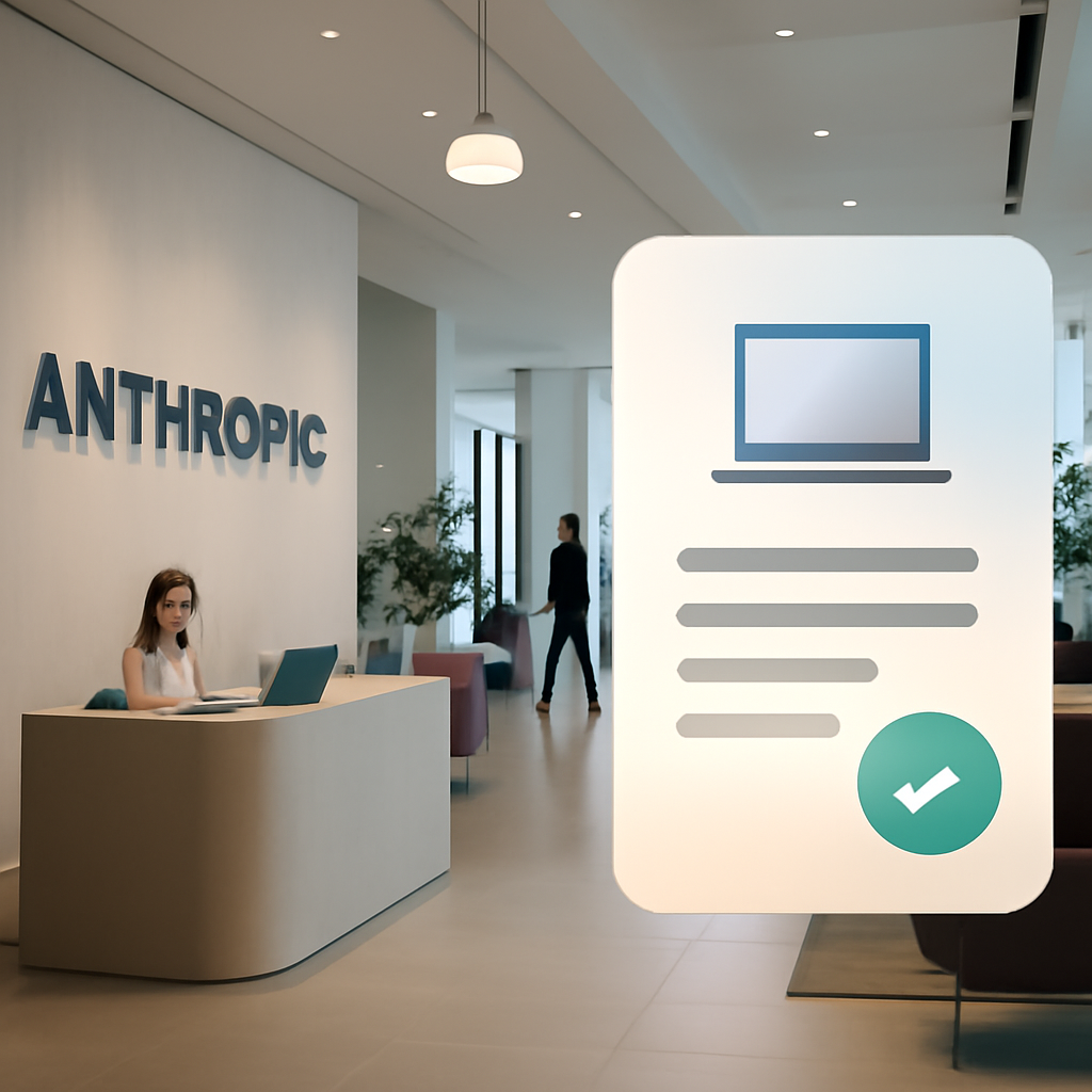 Modern office interior with employees at work and a large window, featuring a subtle abstract regulatory document in the…