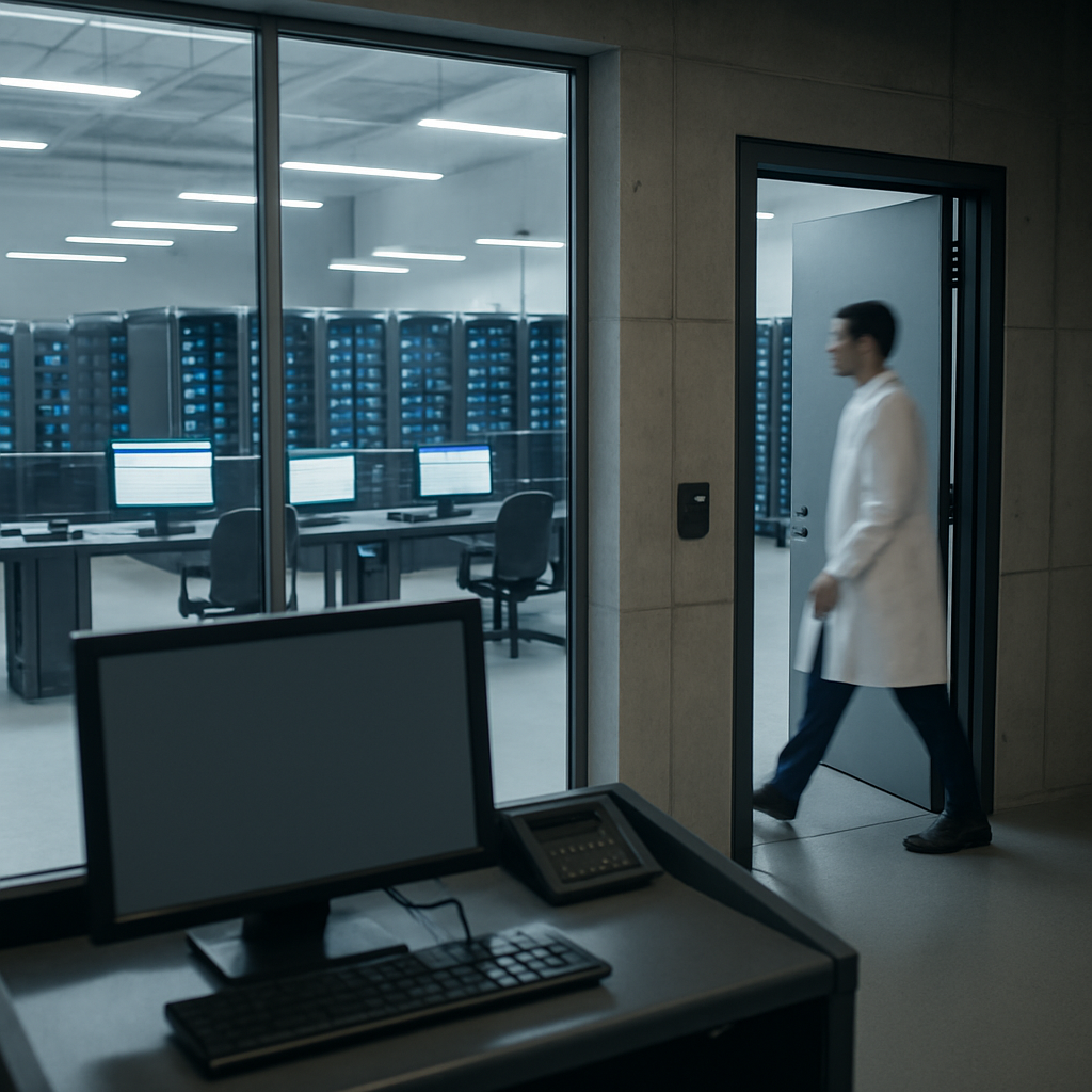 Secure facility interior with computer servers and a lone lab-coated person walking past a security console.