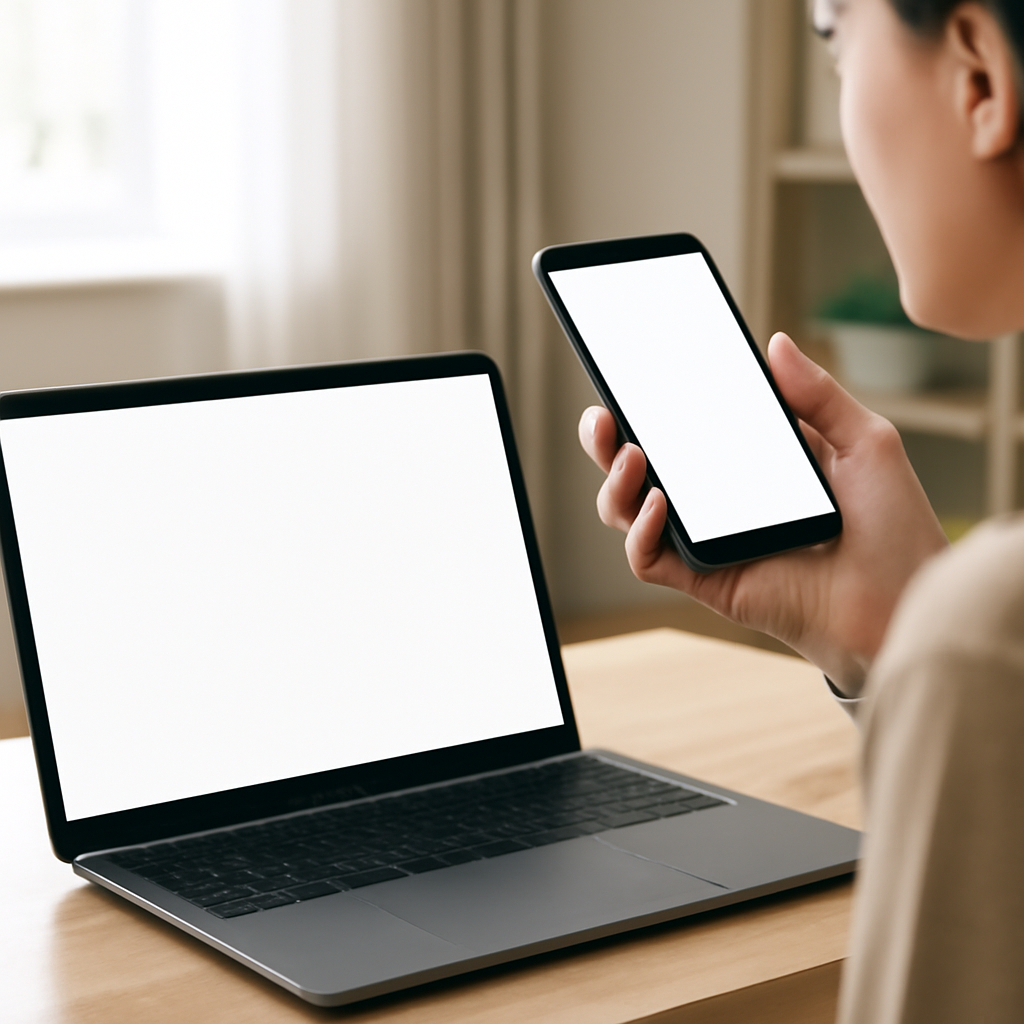 Person speaking into a smartphone or laptop in a bright, everyday setting.