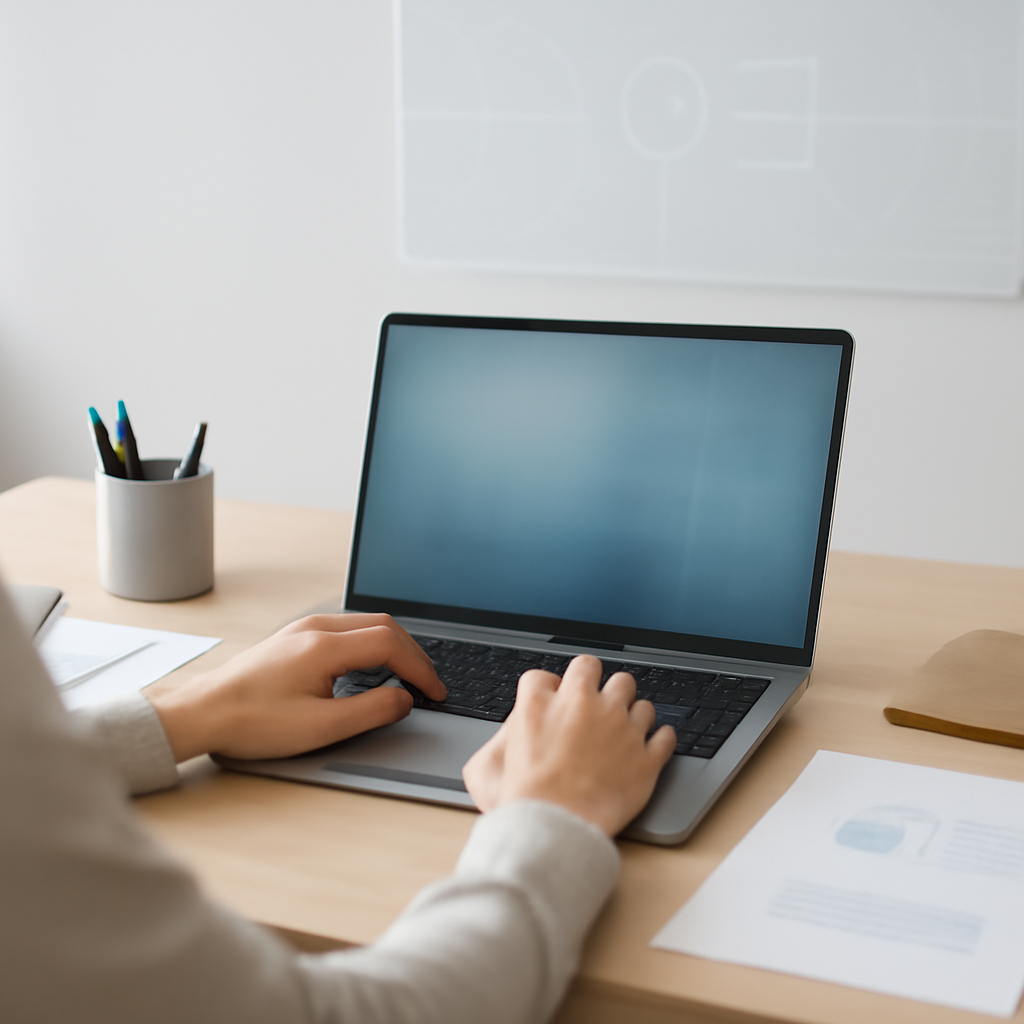 Person working on laptop in minimalist office setting with subtle tech theme.