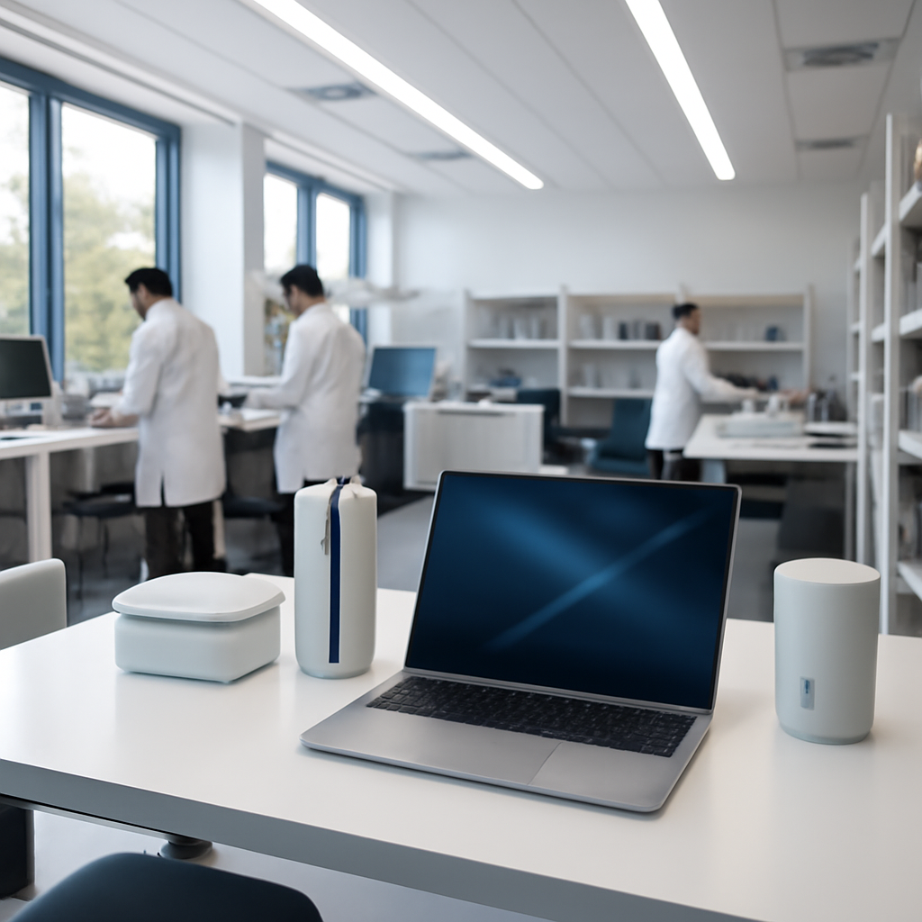 Modern lab interior with people working, natural light, and a sleek workstation.