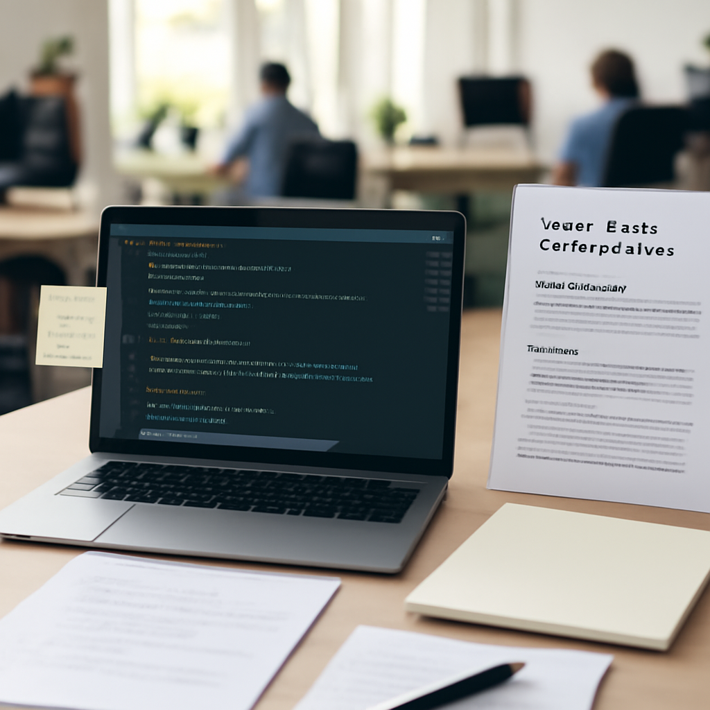 Developer workstation with laptop, code, notes, and open-source project documentation on a wooden desk in a software…