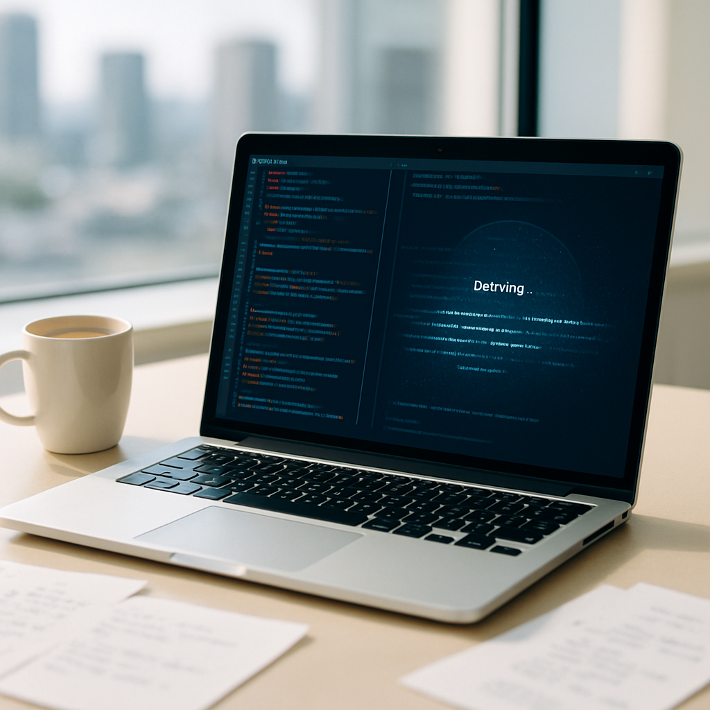 Modern workspace with laptop showing code editor and abstract codebase scan, cup of coffee and papers nearby.