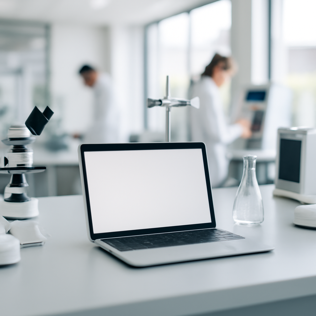 Modern lab setting with laptop and scientific instruments on a clean workbench.