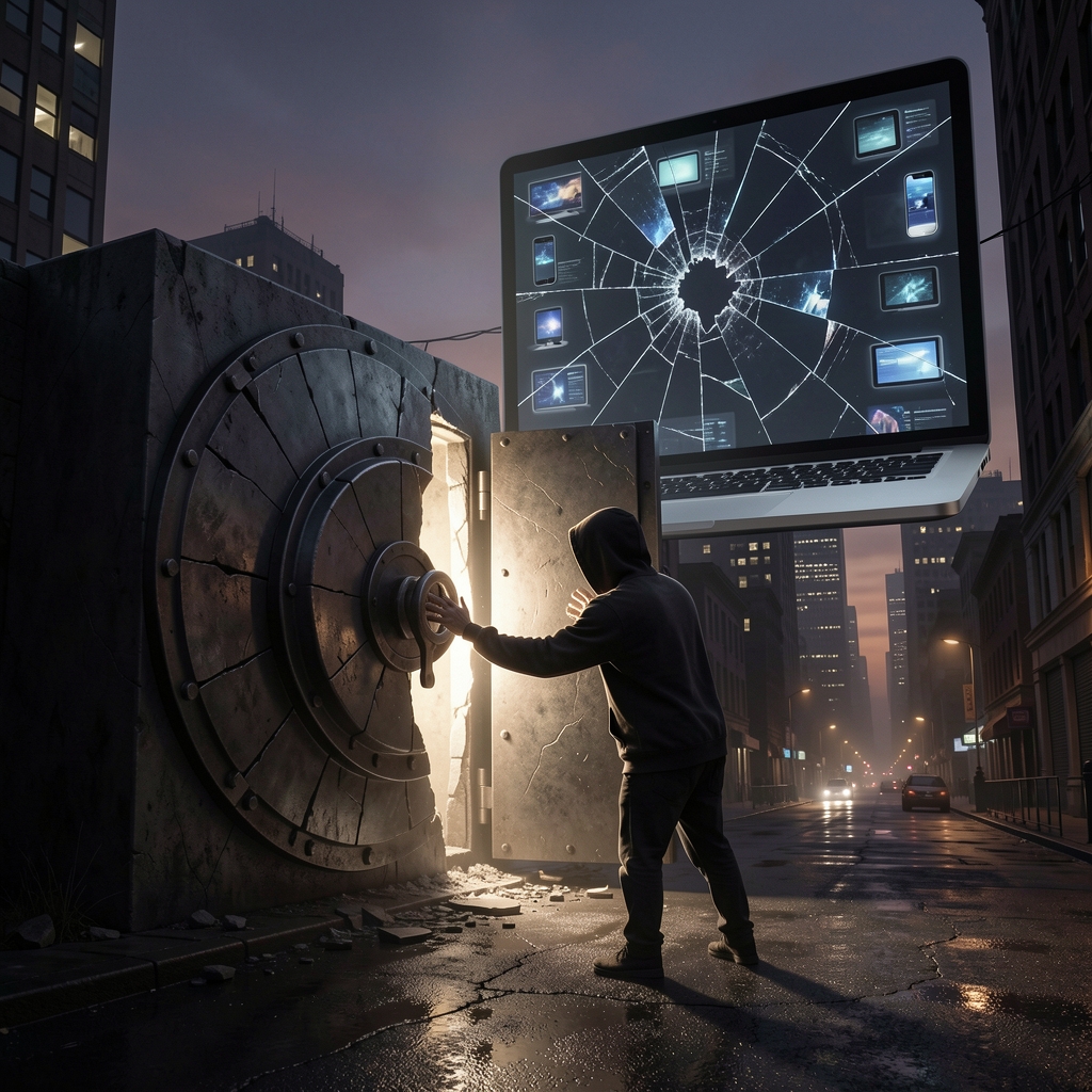 Dark cityscape with a lone figure in front of a cracked, ajar vault emitting eerie light.