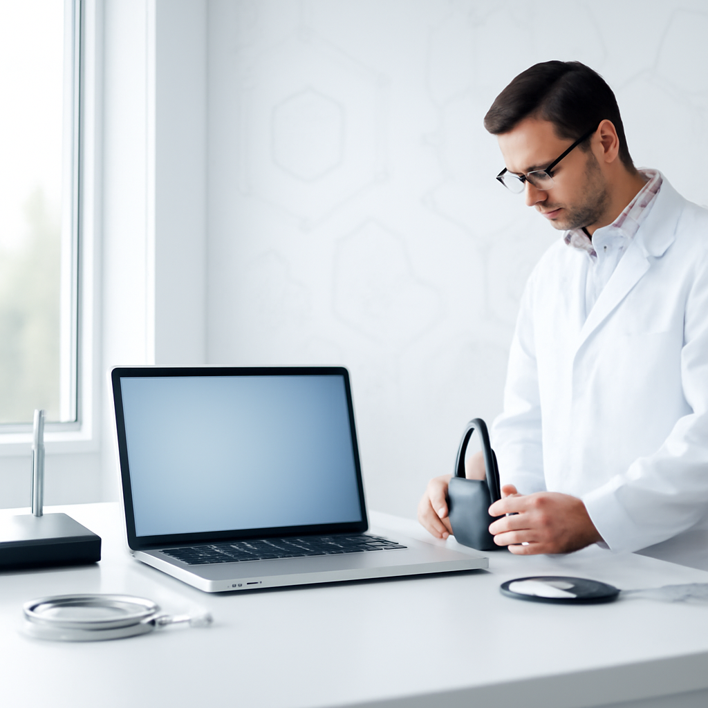 Researcher in a clean room setting with modern workstation and cybersecurity equipment.