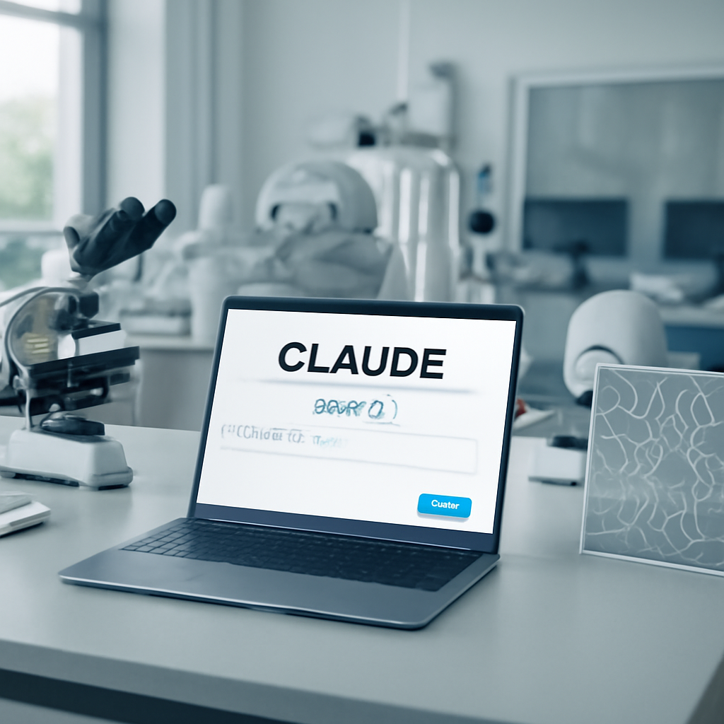 Claude Fable 5 model interface on a laptop in a clean room setting with research instruments.