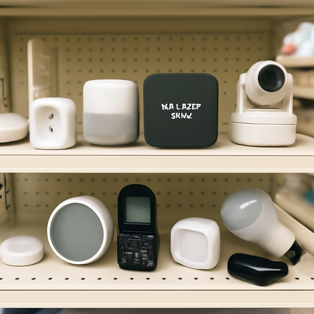 Cluttered electronics shelf with various IoT devices on display.
